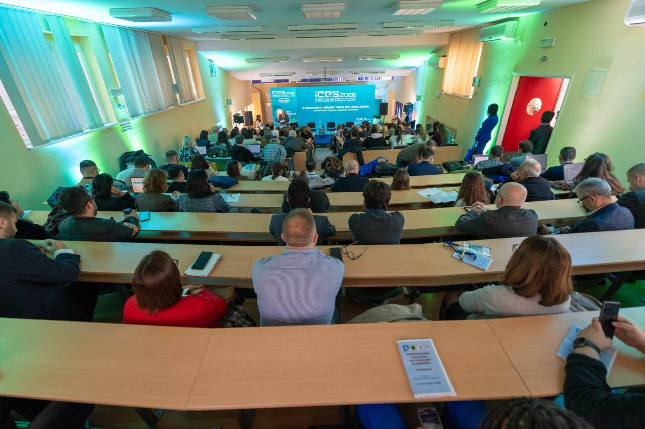 Participants fill a tiered lecture theatre during an ICES 2026 conference session in Sarajevo.