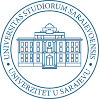 Circular logo of the University of Sarajevo (Univerzitet u Sarajevu), featuring an illustration of the university's main building at the centre, surrounded by the institution's name in Latin (Universitas Studiorum Saraievoensis) and in Bosnian (Univerzitet u Sarajevu).