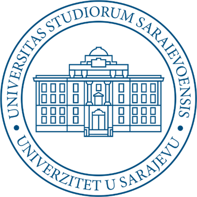 Circular logo of the University of Sarajevo (Univerzitet u Sarajevu), featuring an illustration of the university's main building at the centre, surrounded by the institution's name in Latin (Universitas Studiorum Saraievoensis) and in Bosnian (Univerzitet u Sarajevu).