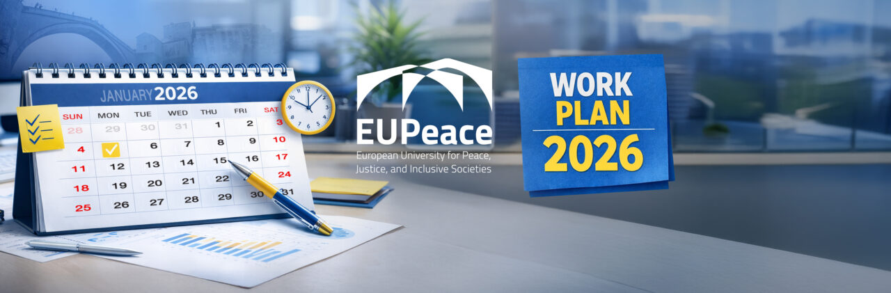 Illustration showing a January 2026 desk calendar, planning materials and the EUPeace logo alongside the text “Work Plan 2026”.