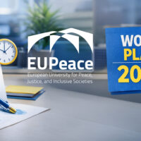 Illustration showing a January 2026 desk calendar, planning materials and the EUPeace logo alongside the text “Work Plan 2026”.
