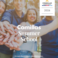 Cover of the Comillas Summer School 2026 brochure featuring modern design elements, university branding, and imagery representing international education at Comillas Pontifical University.