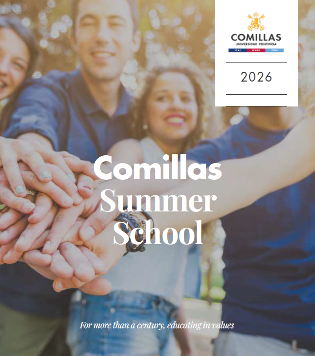 Cover of the Comillas Summer School 2026 brochure featuring modern design elements, university branding, and imagery representing international education at Comillas Pontifical University.