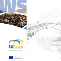 Collage image combining a photograph by Chloë-Fidanzi of a lecture hall filled with students with a pencil drawing of the Old Bridge of Mostar by Petra Kienle. Text reads: EUPeace Call for Creative Spaces, Deadline April 19th, University of Calabria in Rende, Italy.