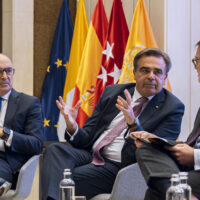 Francisco Javier Sánchez Segura, Margaritis Schinas, and Emilio Sáenz-Francés sit on a stage at Comillas Pontifical University during the presentation of the Chair on Strategic Autonomy Studies, on October 23, 2025.