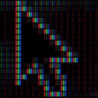 A digital arrow behind black background with blue, green, and red pixels.