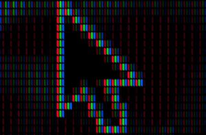 A digital arrow behind black background with blue, green, and red pixels.