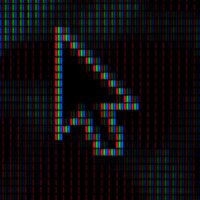 A digital arrow behind black background with blue, green, and red pixels.