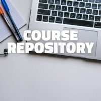 Headphones, a notepade, two pens and a laptop keyboard are seen from above. In the center, there is the name of the Course Repository.