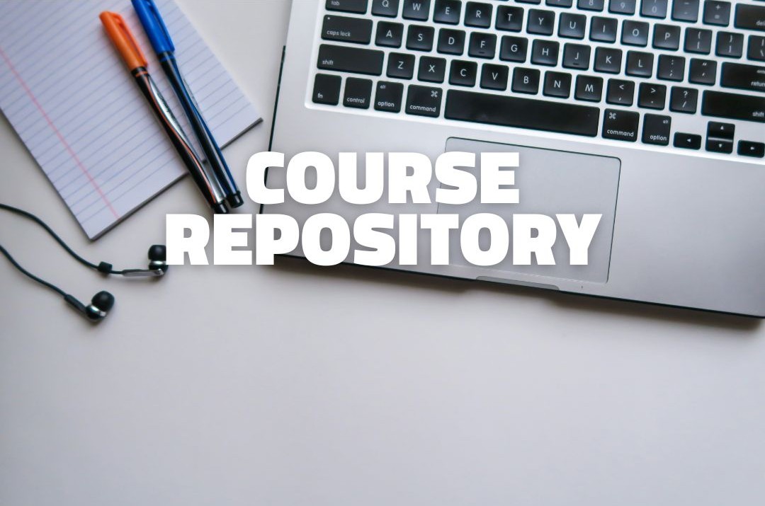 Headphones, a notepade, two pens and a laptop keyboard are seen from above. In the center, there is the name of the Course Repository.