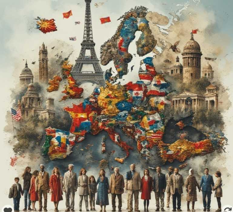 AI-generated image of people standing together and holding hands. In the centre is a colourful map of Europe. Several European landmarks such as the Eiffel Tower, the Colosseum, the Brandenburg Gate and the Parthenon are depicted.