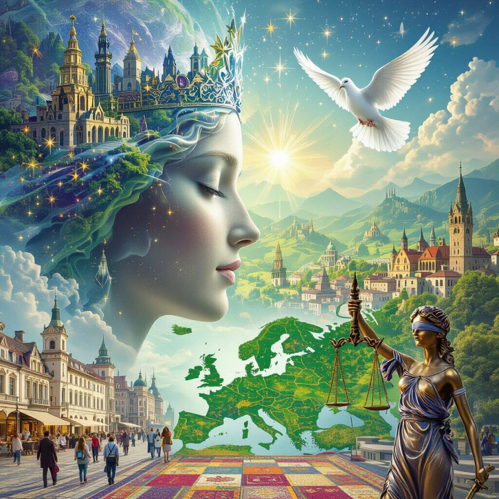 AI-generated image of a white dove and a surreal portrait of a woman with a castle emerging out of her hair and crown. A map of Europe, diverse landscaps, historic buildings and a depiction of 'Lady Justice' are shown.
