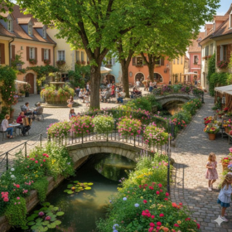 AI-generated image of a village square with cobbled streets, small pastel-coloured buildings with traditional roofs, and two ornate bridges spanning a narrow canal surrounded by greenery.. Several people sitting at small outdoor tables.