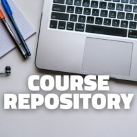 Headphones, a notepade, two pens and a laptop keyboard are seen from above. In the center, there is the name of the Course Repository.