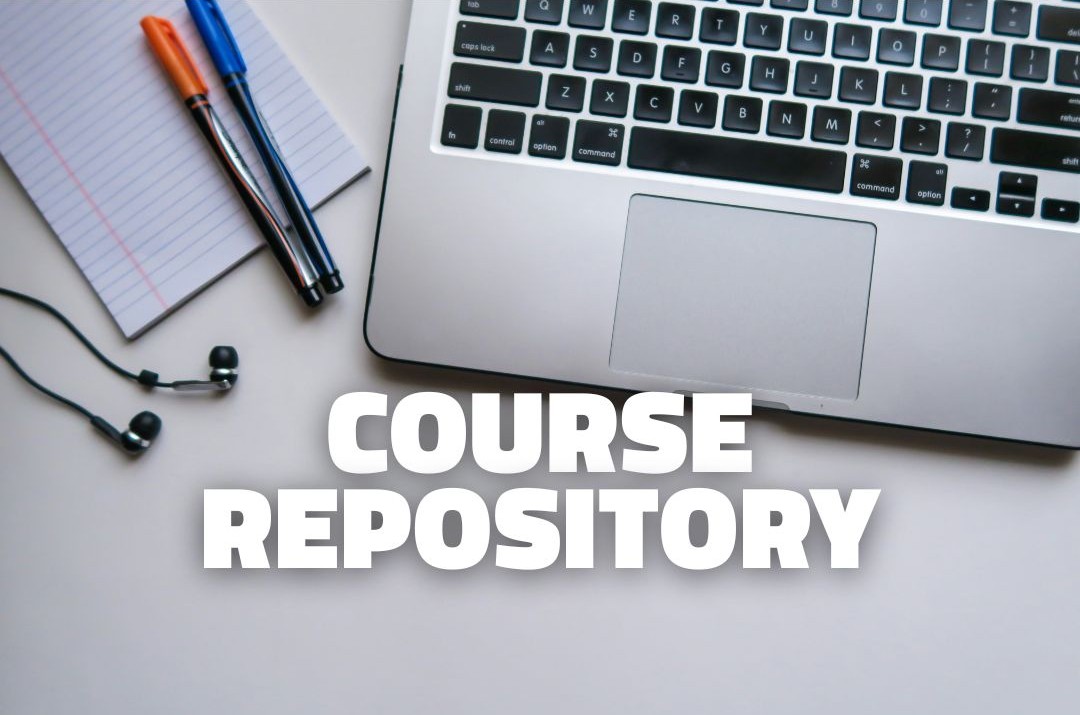 Headphones, a notepade, two pens and a laptop keyboard are seen from above. In the center, there is the name of the Course Repository.