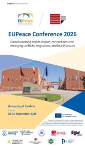 Official poster of the EUPeace Conference 2026 at the University of Calabria, held from 28 to 30 September 2026, focusing on global warming, conflict, migration and health.