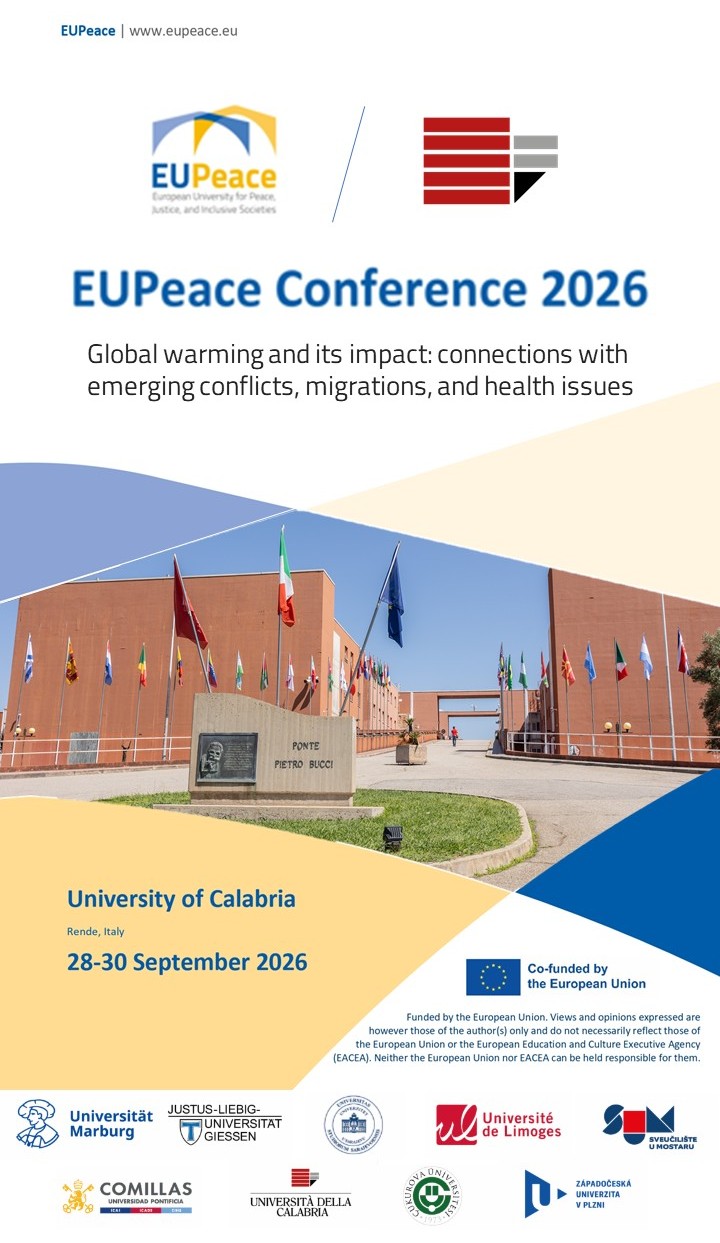 Official poster of the EUPeace Conference 2026 at the University of Calabria, held from 28 to 30 September 2026, focusing on global warming, conflict, migration and health.