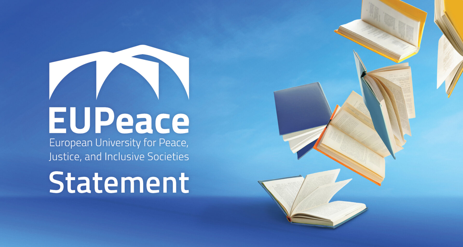 EUPeace logo with the word “Statement” beside several open books floating against a blue sky—header for the policy statement on academic freedom.