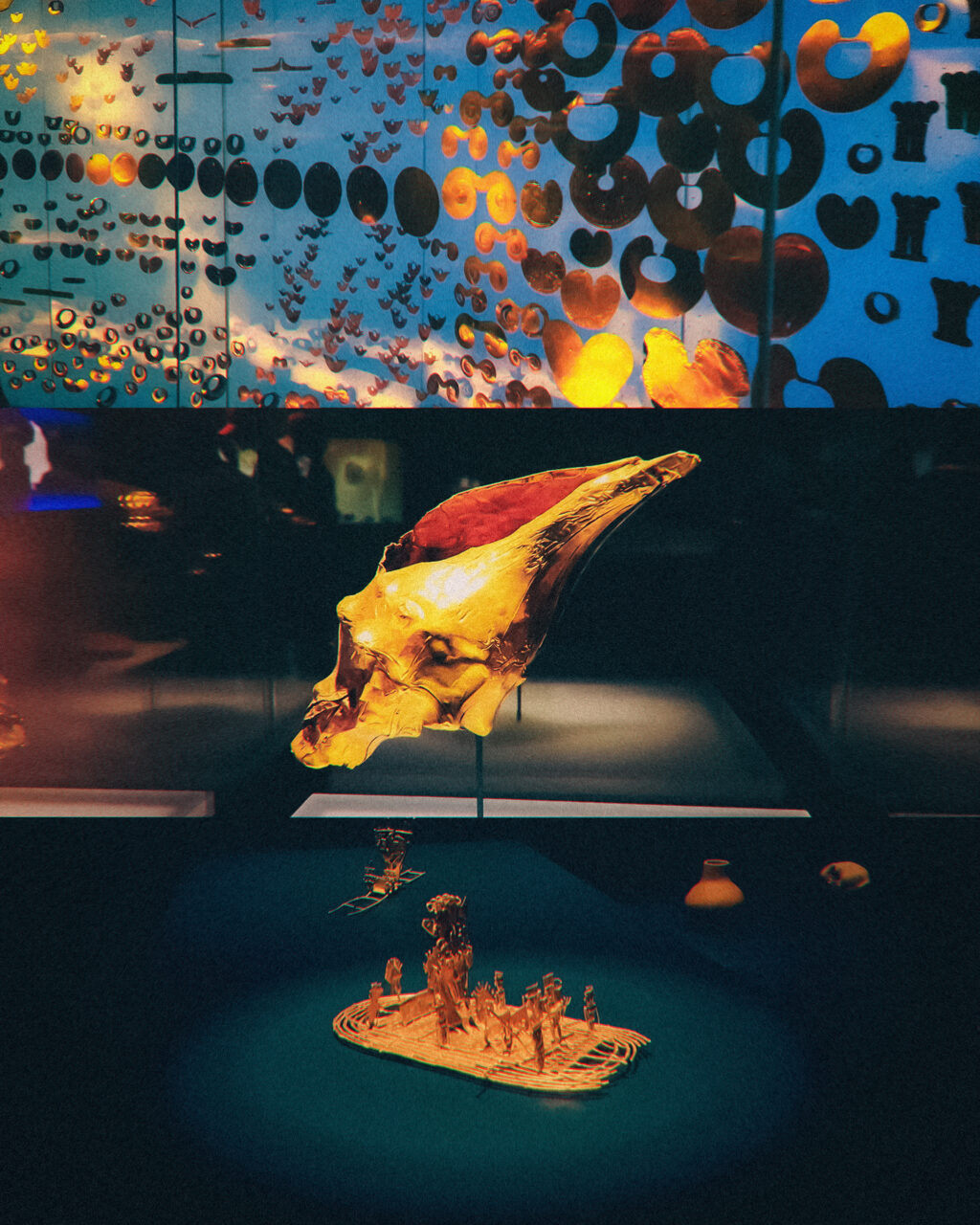 Gold Museum, Bogotá. Three-panel collage from the Museo del Oro (Gold Museum) in Bogotá: a glass display wall covered in small gold ornaments, a large gold mask-like artefact lit dramatically against a dark background, and a miniature gold raft with human figures — likely a replica of the Muisca Raft — displayed in a lit case.