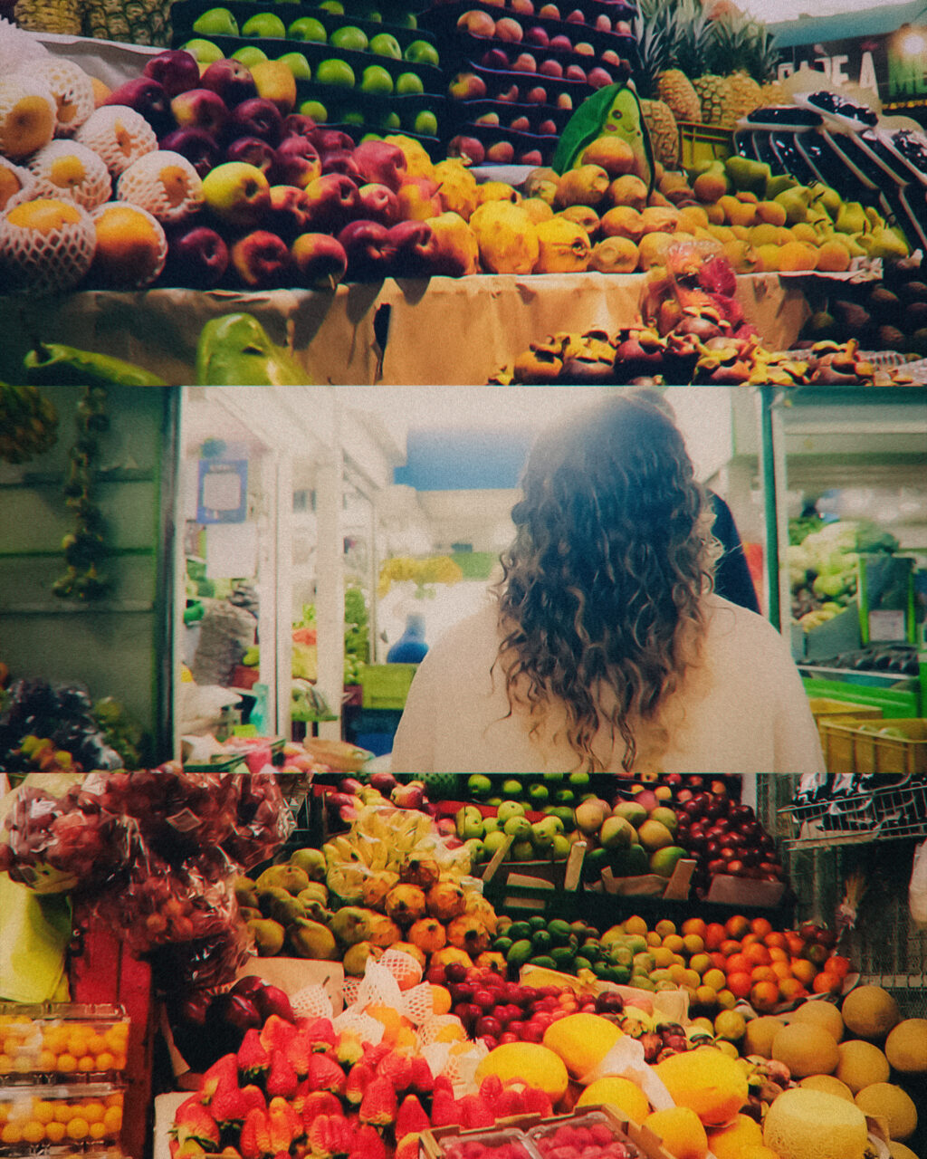 Paloquemao Market (Exotic Fruits and Vegetables Tour). Three-panel collage of a Colombian fruit market: a stall piled with apples, pears and pineapples, a person with curly hair seen from behind walking through the market, and a stall filled with strawberries, mangoes and other fruit.
