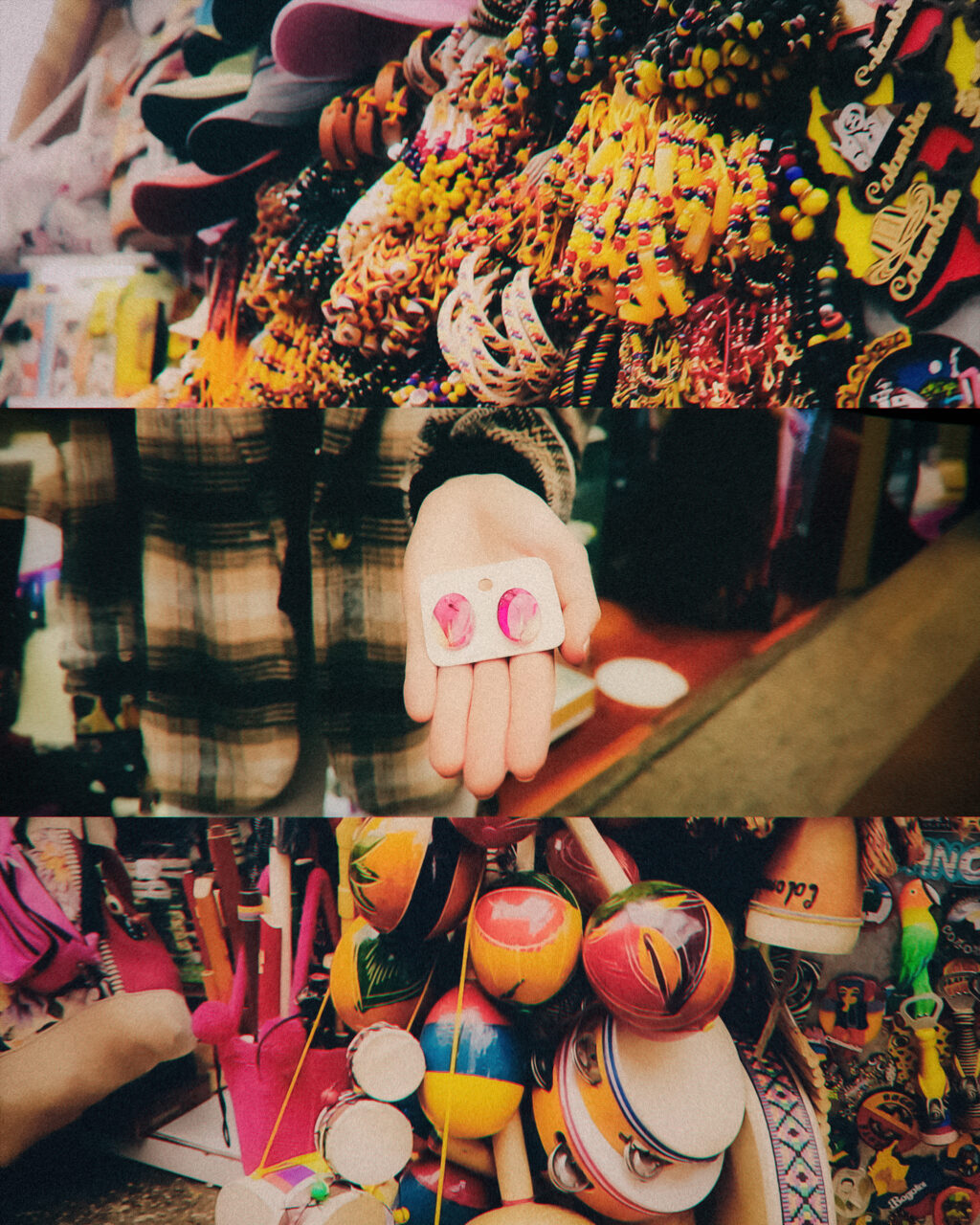 Bogotá Handicrafts Market, Downtown Bogotá (across from the Gold Museum). Three-panel collage from a Colombian market: a close-up of colourful beaded bracelets and handicrafts, a hand holding a small pair of pink stud earrings, and a display of hand-painted wooden toy instruments and maracas.