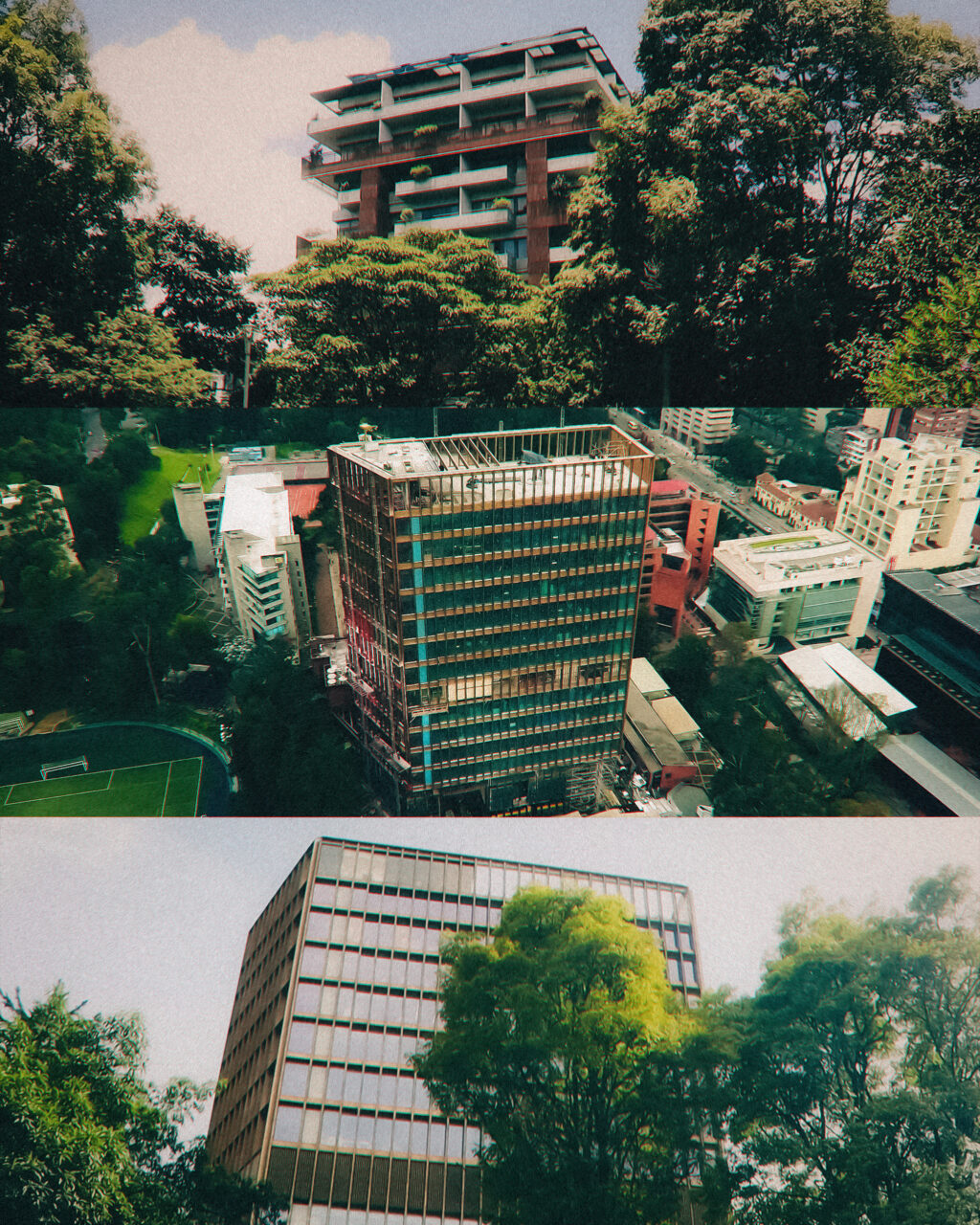Buildings of the Pontificia Universidad Javeriana. Three-panel collage of Bogotá cityscape: a residential building with balconies surrounded by trees, an aerial view of a glass high-rise under construction amid city buildings and a football pitch, and a tower facade seen through green treetops.