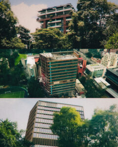 Buildings of the Pontificia Universidad Javeriana. Three-panel collage of Bogotá cityscape: a residential building with balconies surrounded by trees, an aerial view of a glass high-rise under construction amid city buildings and a football pitch, and a tower facade seen through green treetops.