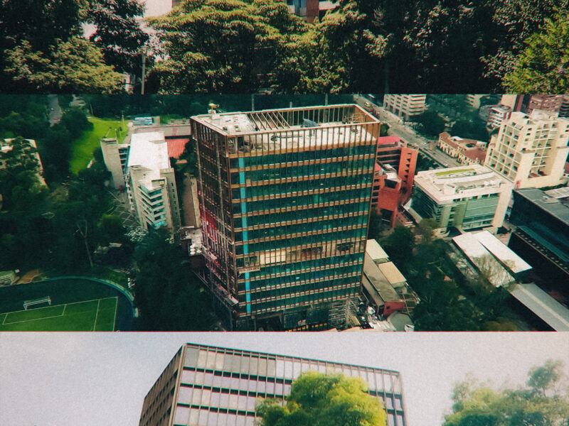 Buildings of the Pontificia Universidad Javeriana. Three-panel collage of Bogotá cityscape: a residential building with balconies surrounded by trees, an aerial view of a glass high-rise under construction amid city buildings and a football pitch, and a tower facade seen through green treetops.