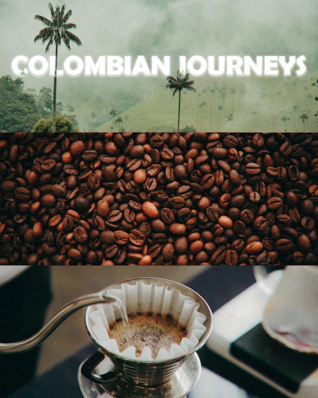Cocora Valley, coffee beans, and a coffee tasting at Caffa. Three-panel collage titled "Colombian Journeys": wax palm trees rising above a misty valley, a close-up of roasted coffee beans, and coffee being poured through a pour-over filter.