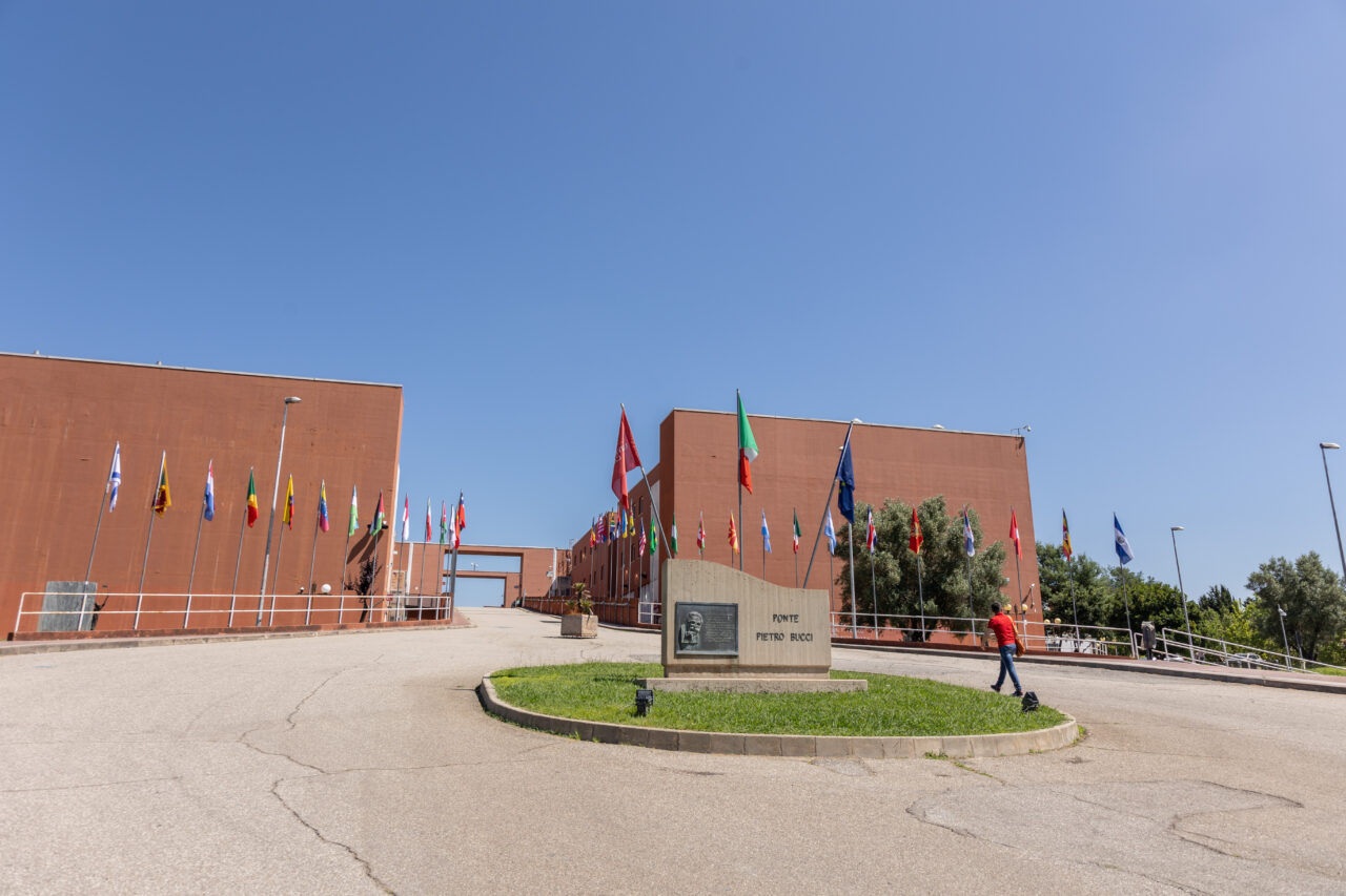 The Ponte Pietro Bucci at the University of Calabria campus in Rende, Italy, seen from a slight angle. A person walks past the central memorial stone. International flags line both sides of the bridge between the two terracotta-coloured buildings.