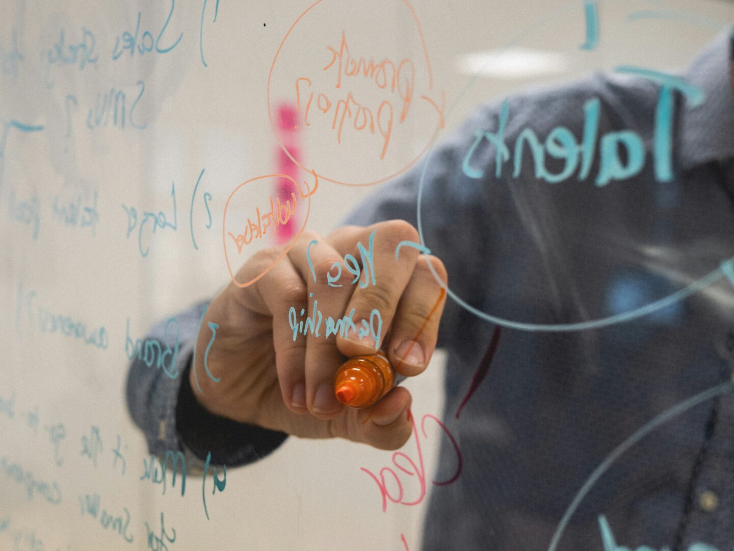 A person uses an orange marker to write notes and diagrams on a transparent glass board covered with colorful handwritten text.