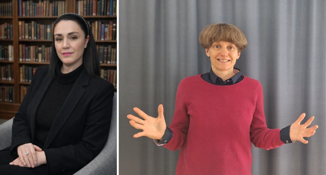 Two portraits side by side: on the left, a woman in a black blazer seated in front of library bookshelves; on the right, a smiling woman in a red jumper gesturing with open hands in front of a grey curtain.