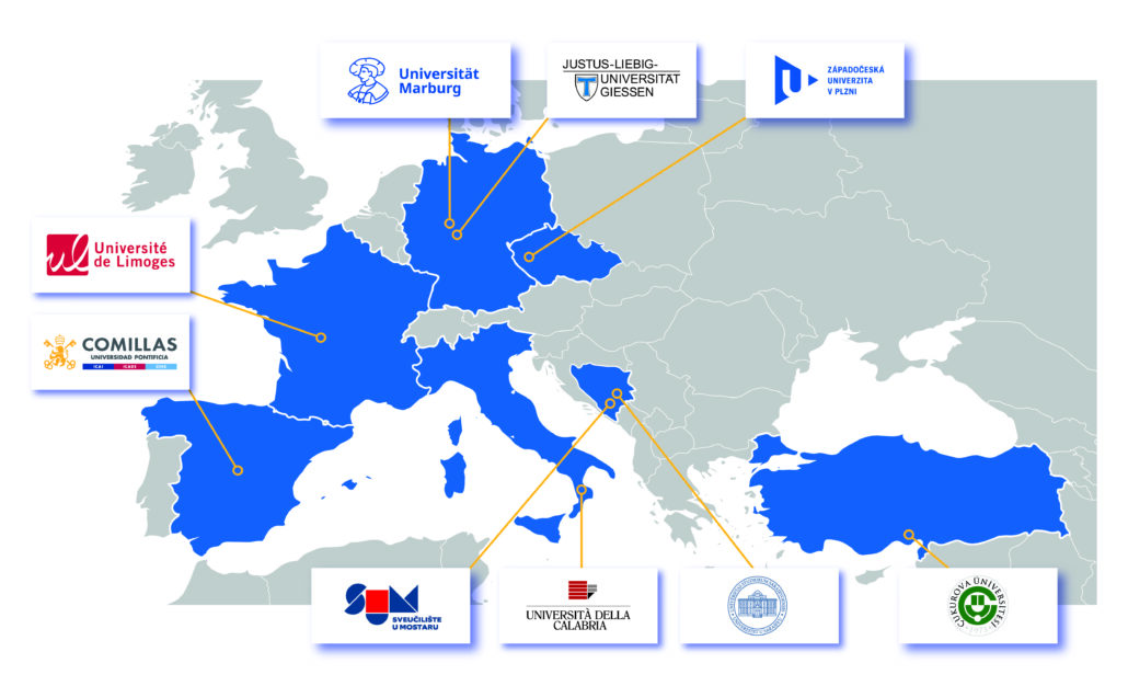 Alt Text: Map of Europe highlighting the nine EUPeace partner countries in blue (Germany, France, Spain, Czechia, Bosnia and Herzegovina, Italy, Türkiye), with connector lines pointing to the logos of Universität Marburg, Justus-Liebig-Universität Gießen, Západočeská univerzita v Plzni, Université de Limoges, Comillas Universidad Pontificia, Sveučilište u Mostaru, Università della Calabria, Univerzitet u Sarajevu, and Çukurova Üniversitesi.